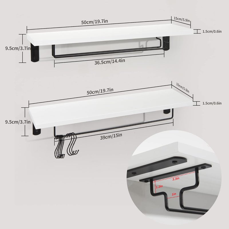 Afuly Coffee Bar Shelf, 20 Inch Wall Mounted Shelves for Mugs & Glasses, Floating Shelves with 8 Hooks, Coffee Cup Wall Holder, Set of 2 - Image 2